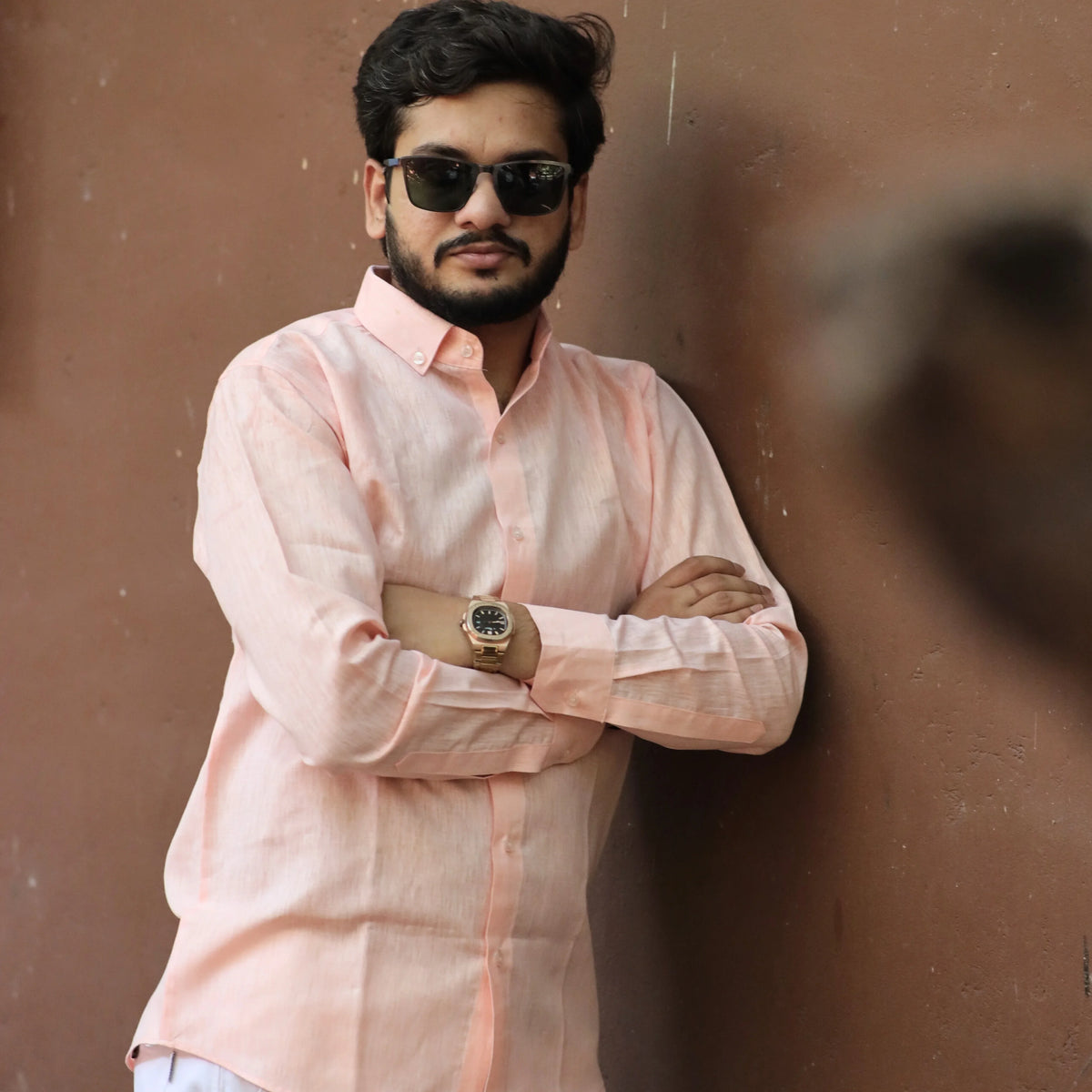 Light Peach Cotton Linen Shirt for Men – Full Sleeve Casual Office Wear