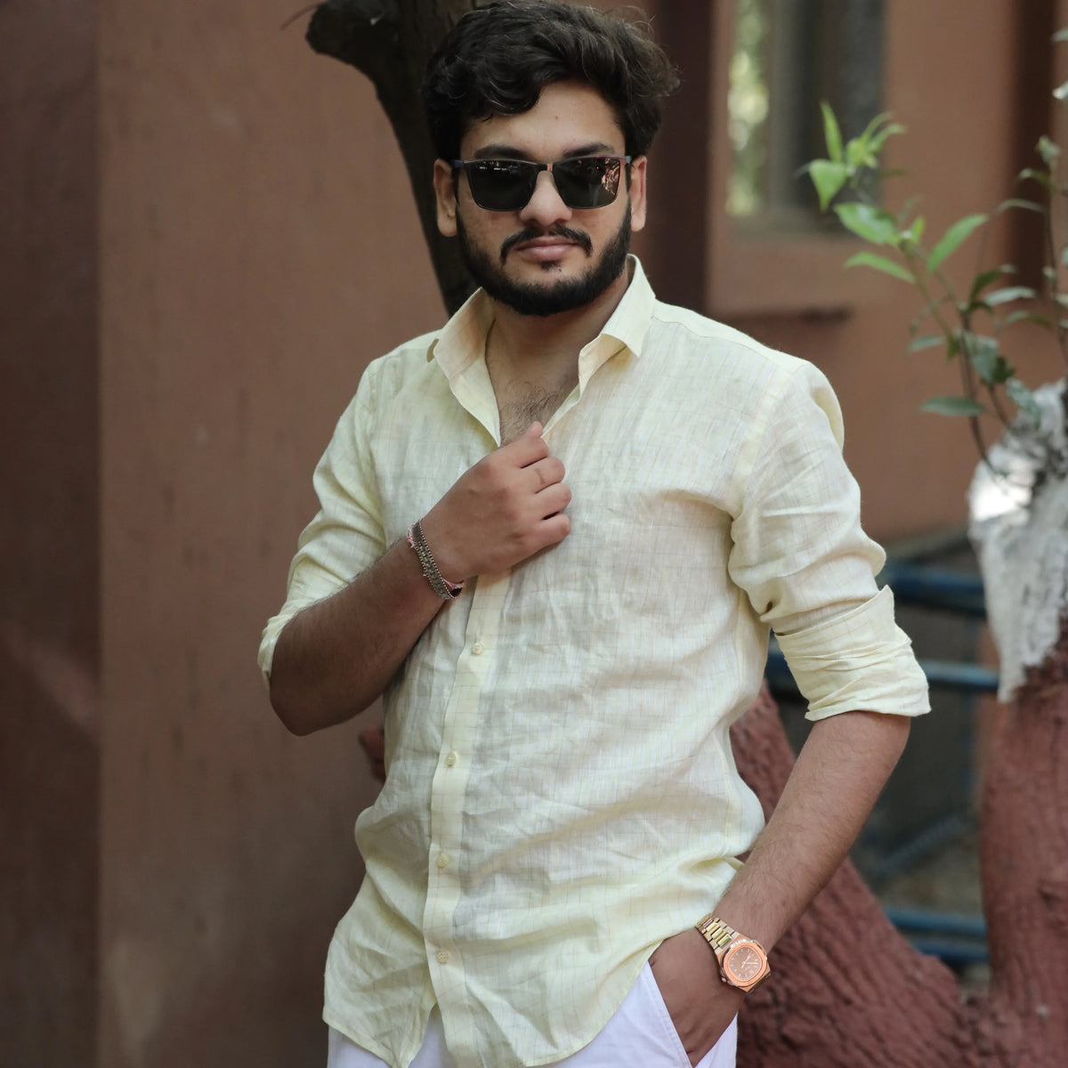 Everyday Light Yellow Linen Check Shirt for Men – Slim Fit Checks Design