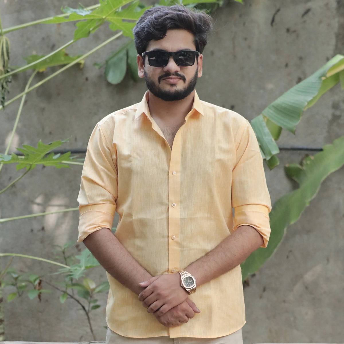 Light Orange Cotton Linen Shirt – Relaxed Fit, Full Sleeve, Spread Collar