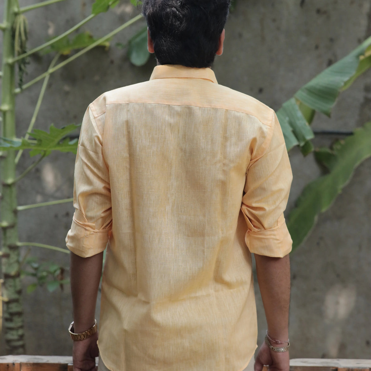 Light Orange Cotton Linen Shirt – Relaxed Fit, Full Sleeve, Spread Collar
