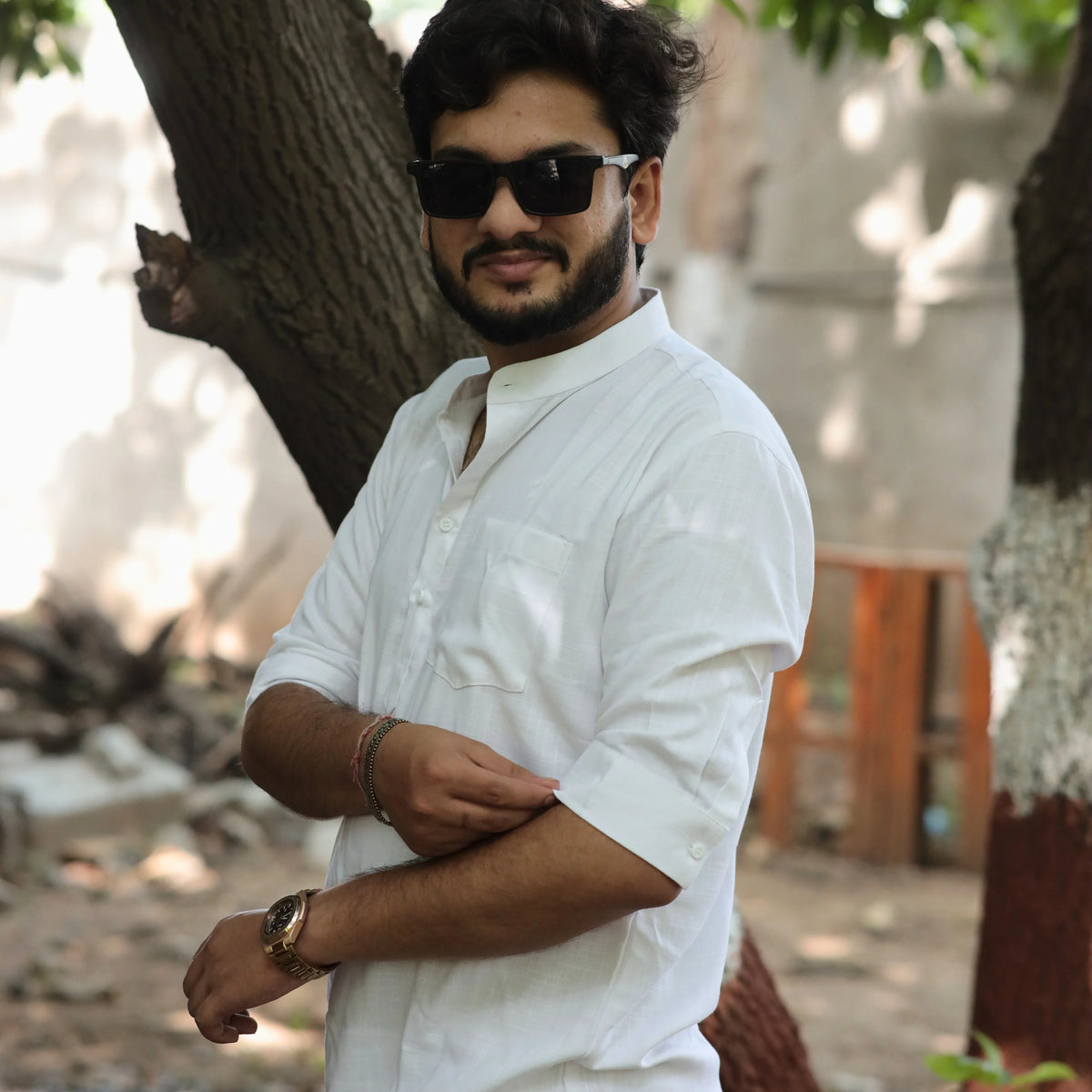 White Fancy Linen Dyed Kurta for Men with Band Collar & Pocket