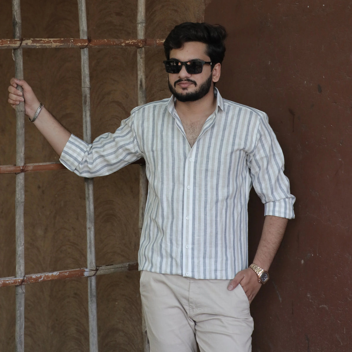 Everyday Pure Linen Striped Shirt Light Grey White – Regular Collar Full Sleeve