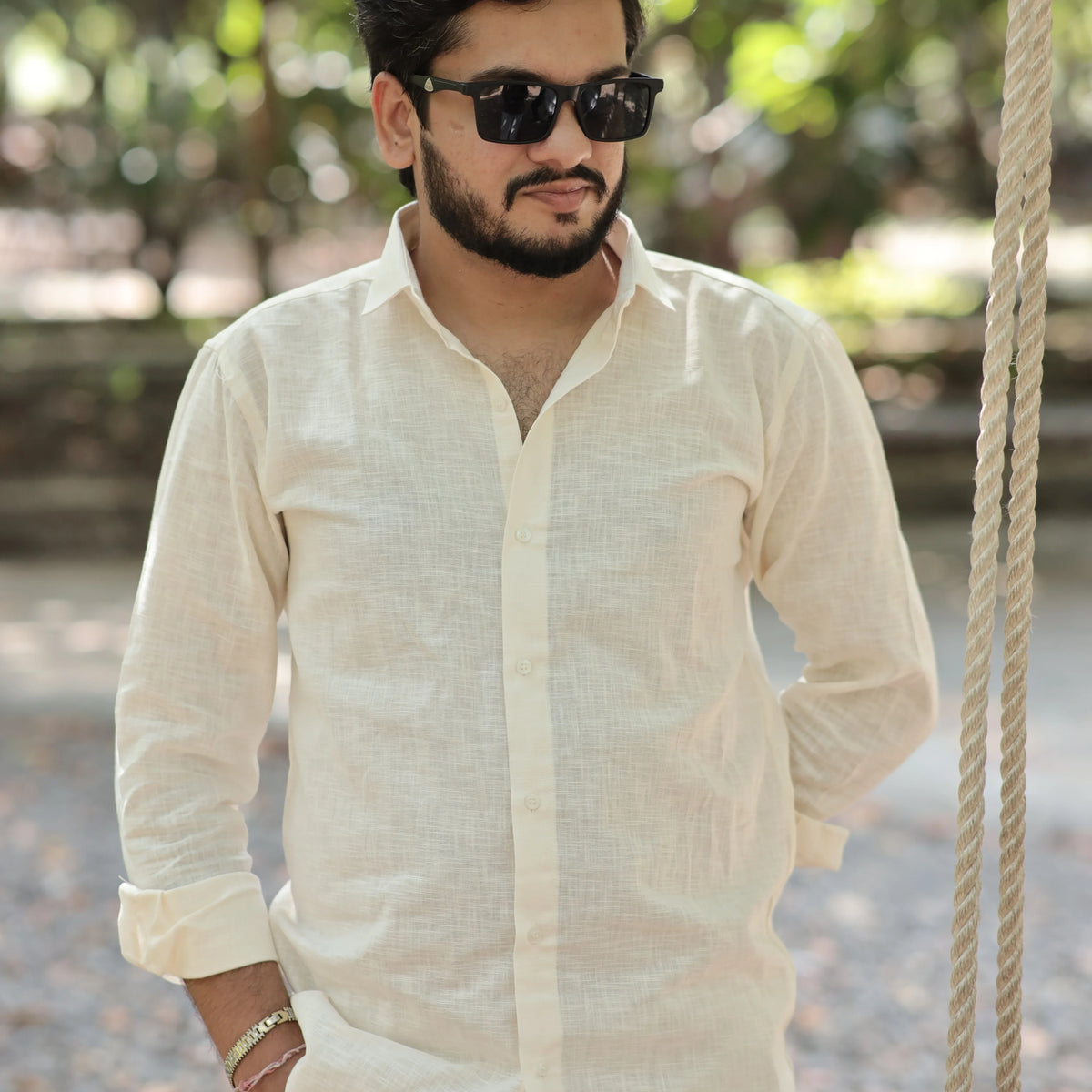 Beige Cotton Linen Shirt for Men – Full Sleeve Soft Breathable