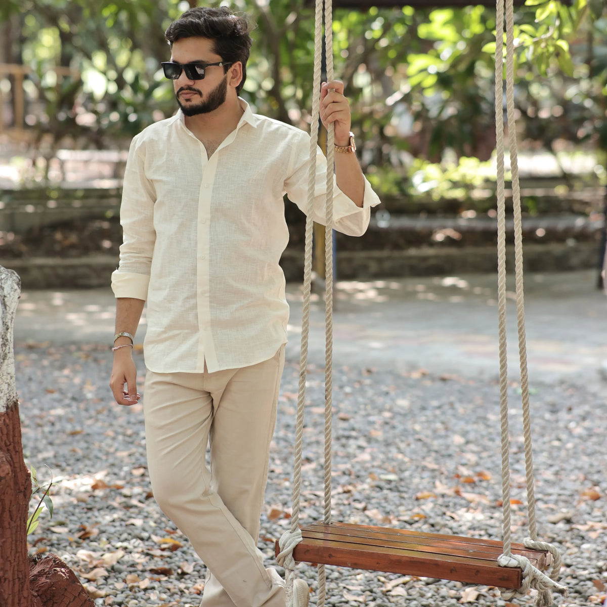 Beige Cotton Linen Shirt for Men – Full Sleeve Soft Breathable