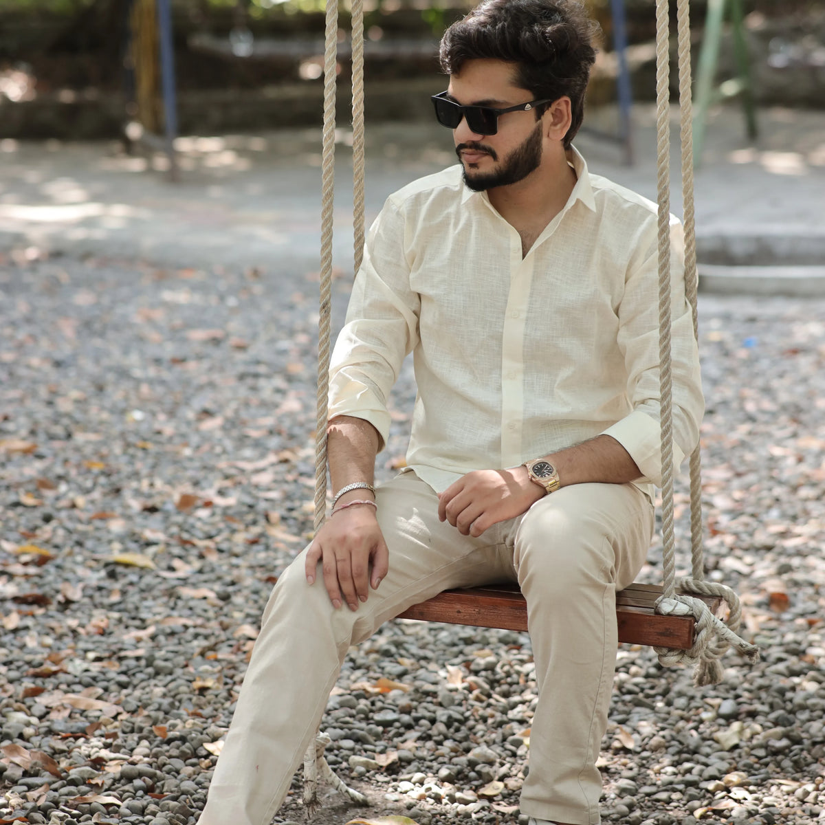 Beige Cotton Linen Shirt for Men – Full Sleeve Soft Breathable