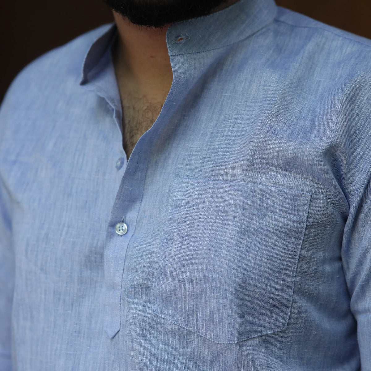Light Blue Cotton Linen Kurta for Men with Band Collar & 3/4 Sleeves