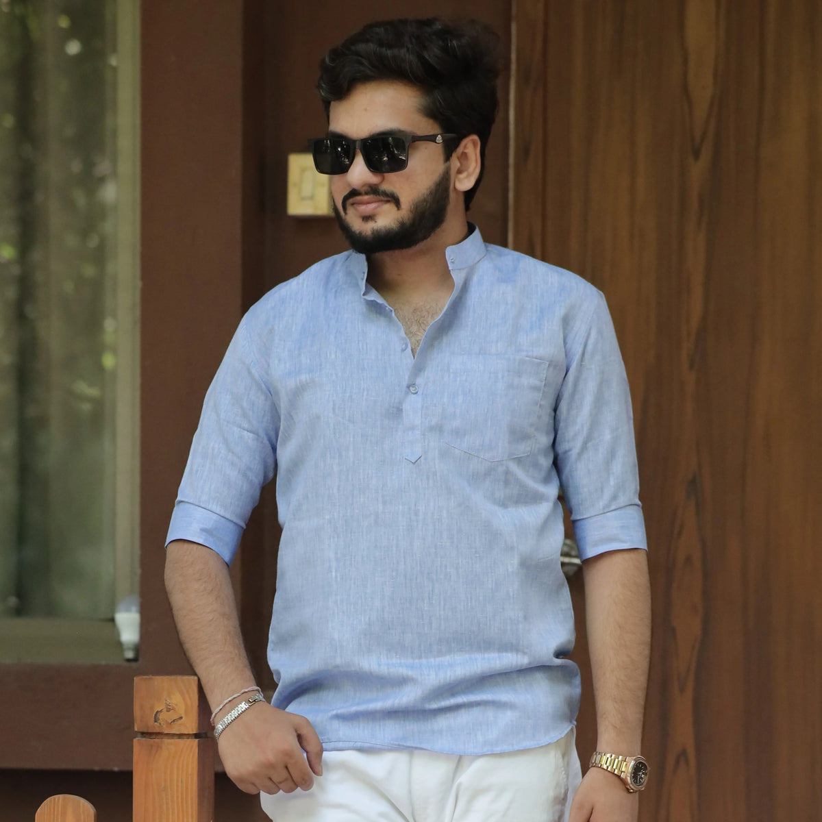 Light Blue Cotton Linen Kurta for Men with Band Collar & 3/4 Sleeves
