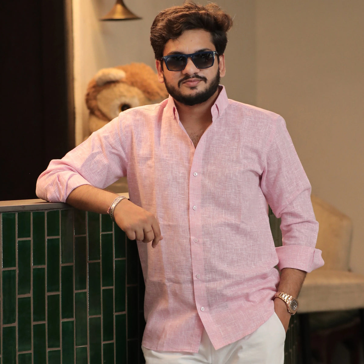 Pink linen shirt men