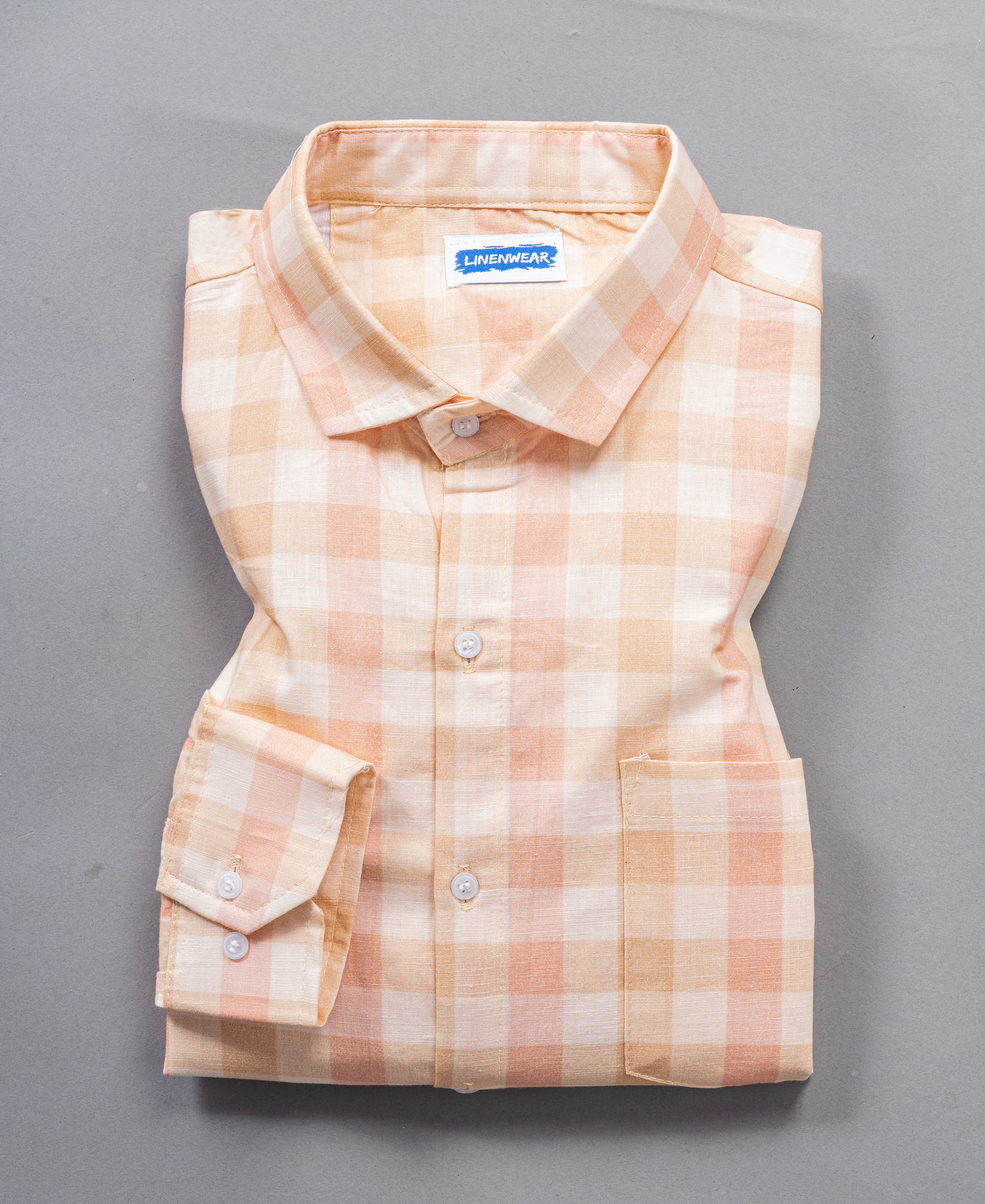Checked Cotton Linen Shirt for Men – Lightweight Peach and Pink Checks