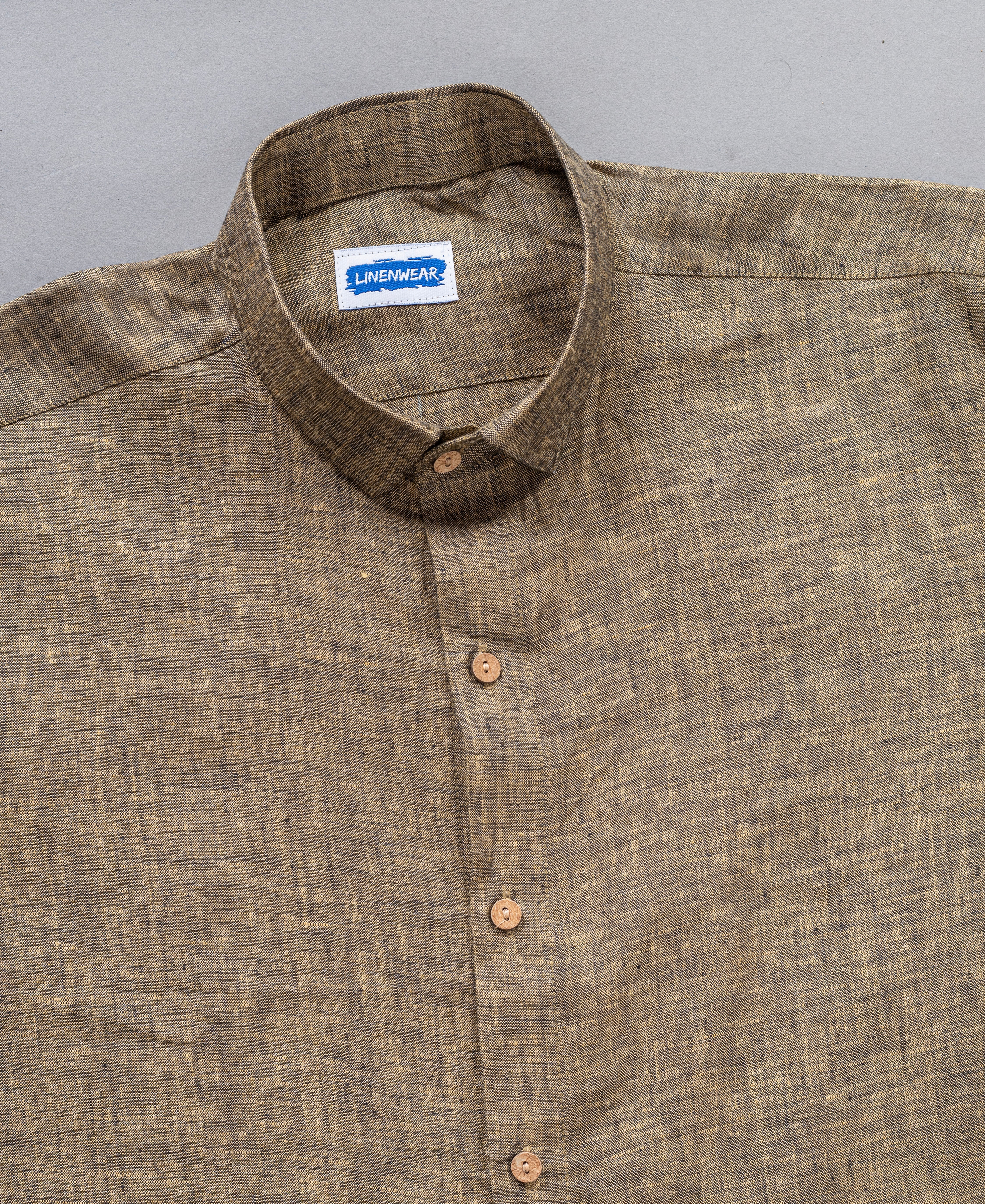 Full Sleeve Olive Green Pure Linen Wooden Button Shirt