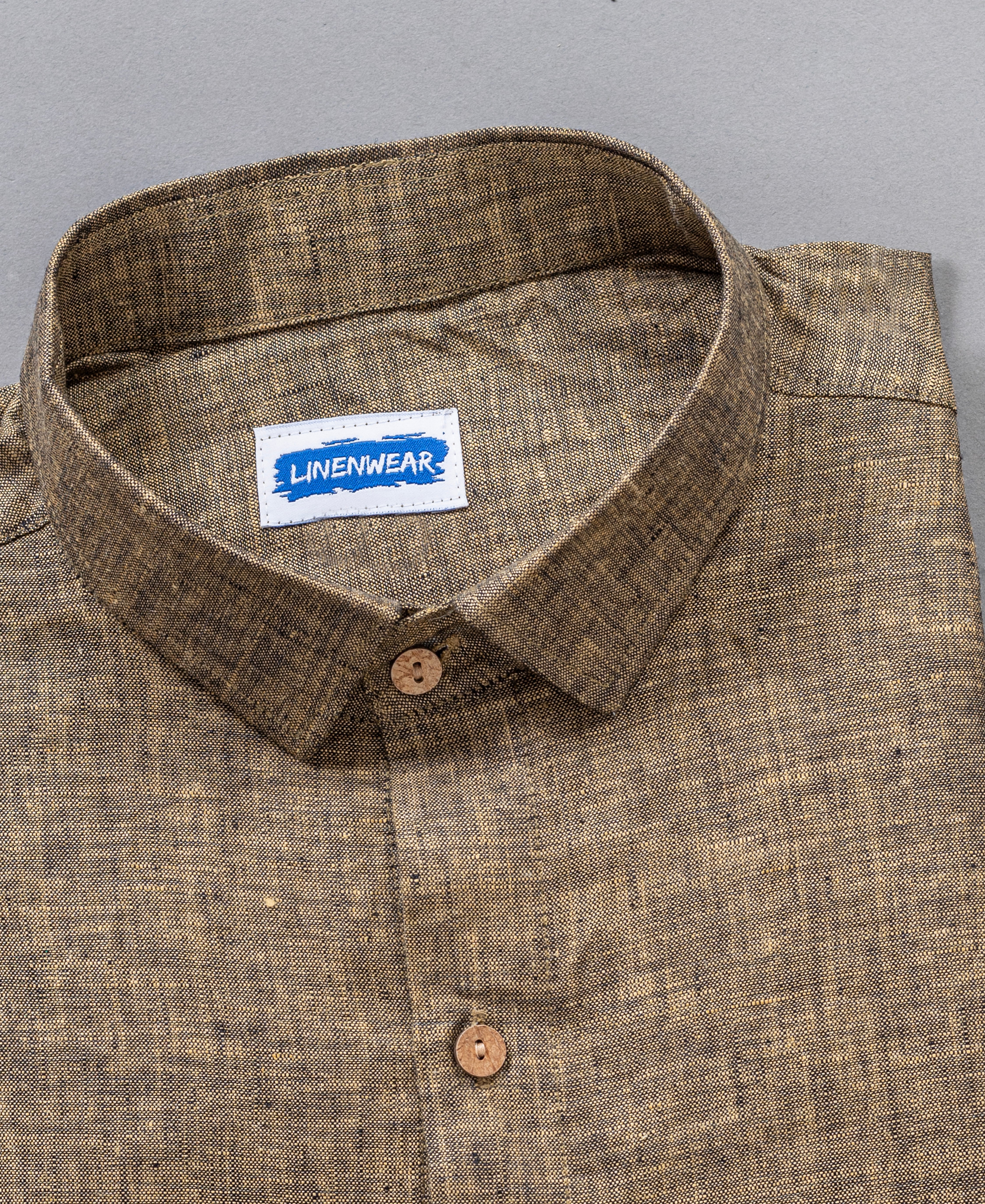 Full Sleeve Olive Green Pure Linen Wooden Button Shirt