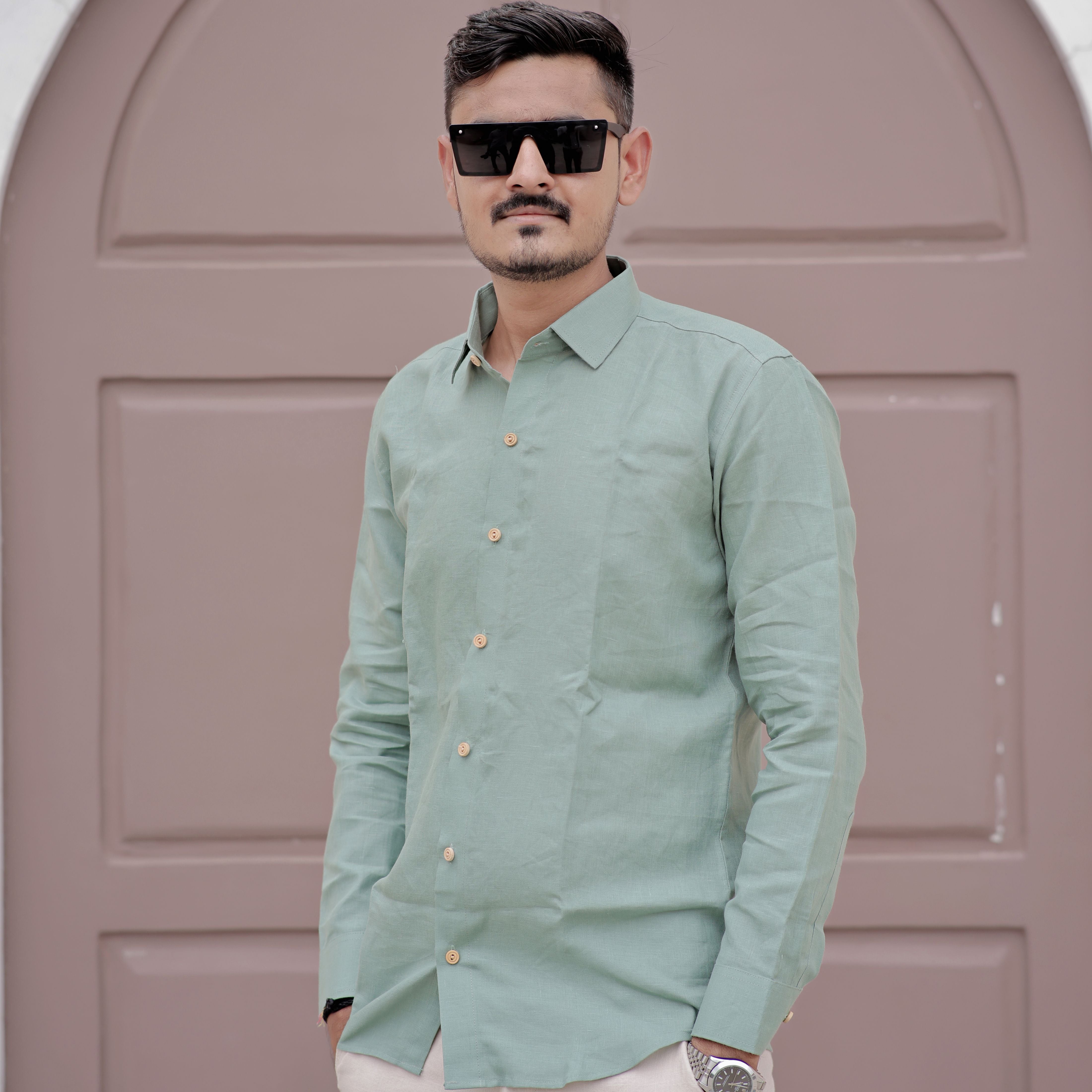 light green linen shirt