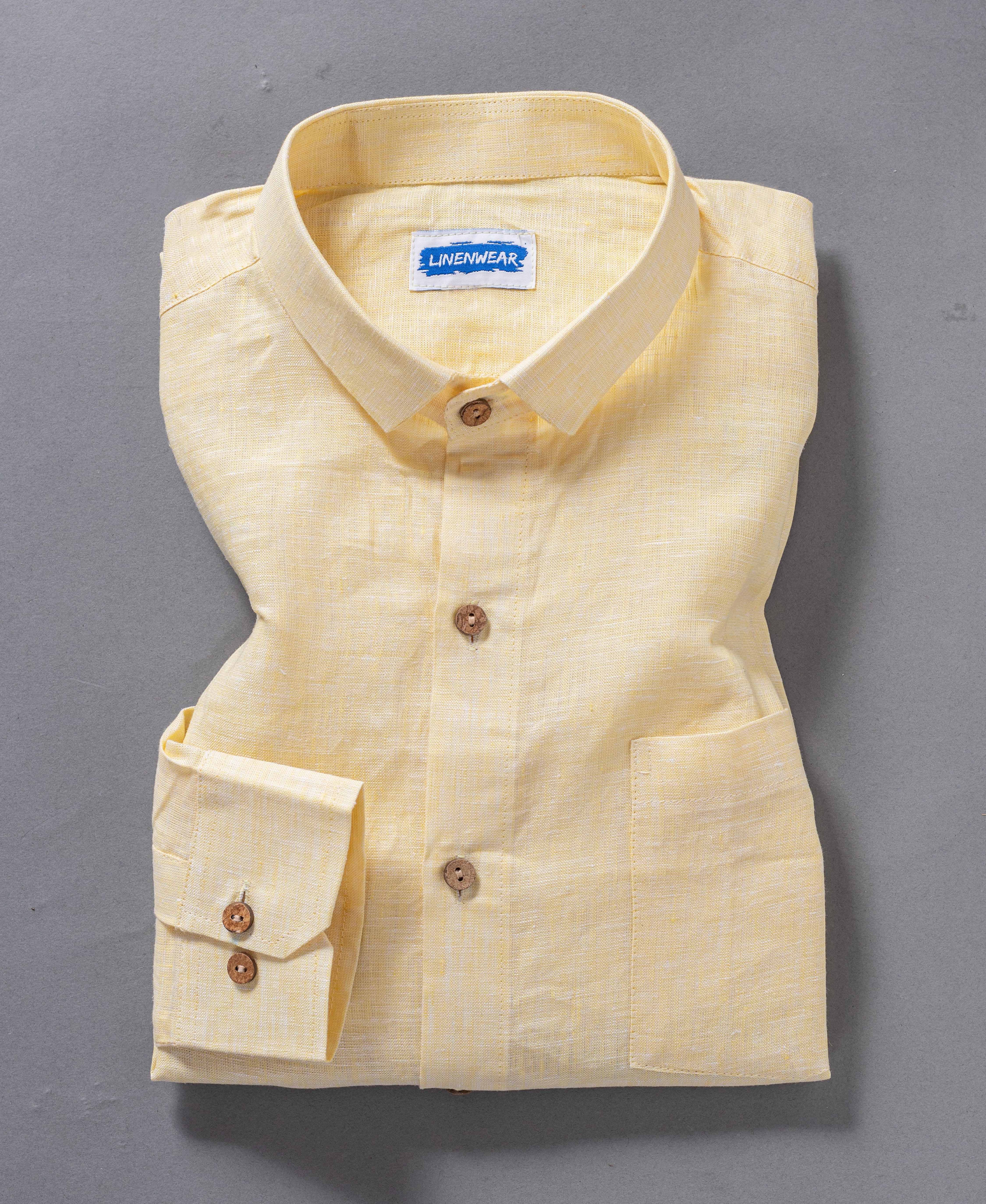 Light Yellow Full Sleeve Formal Wear Golden Dawn Pure Linen Shirt