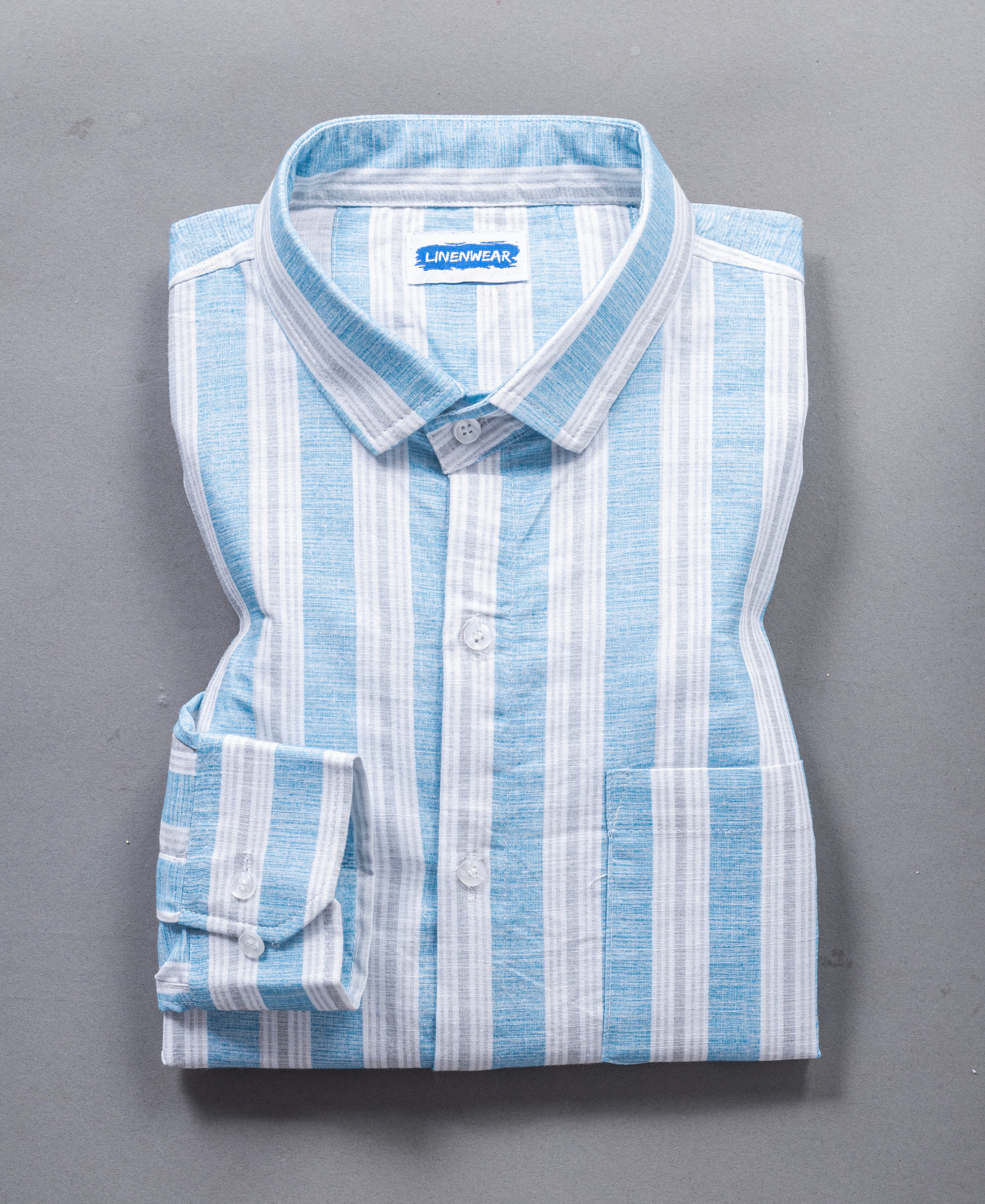 Breathable Cotton Linen Shirt for Men – Blue White Vertical Stripe Design