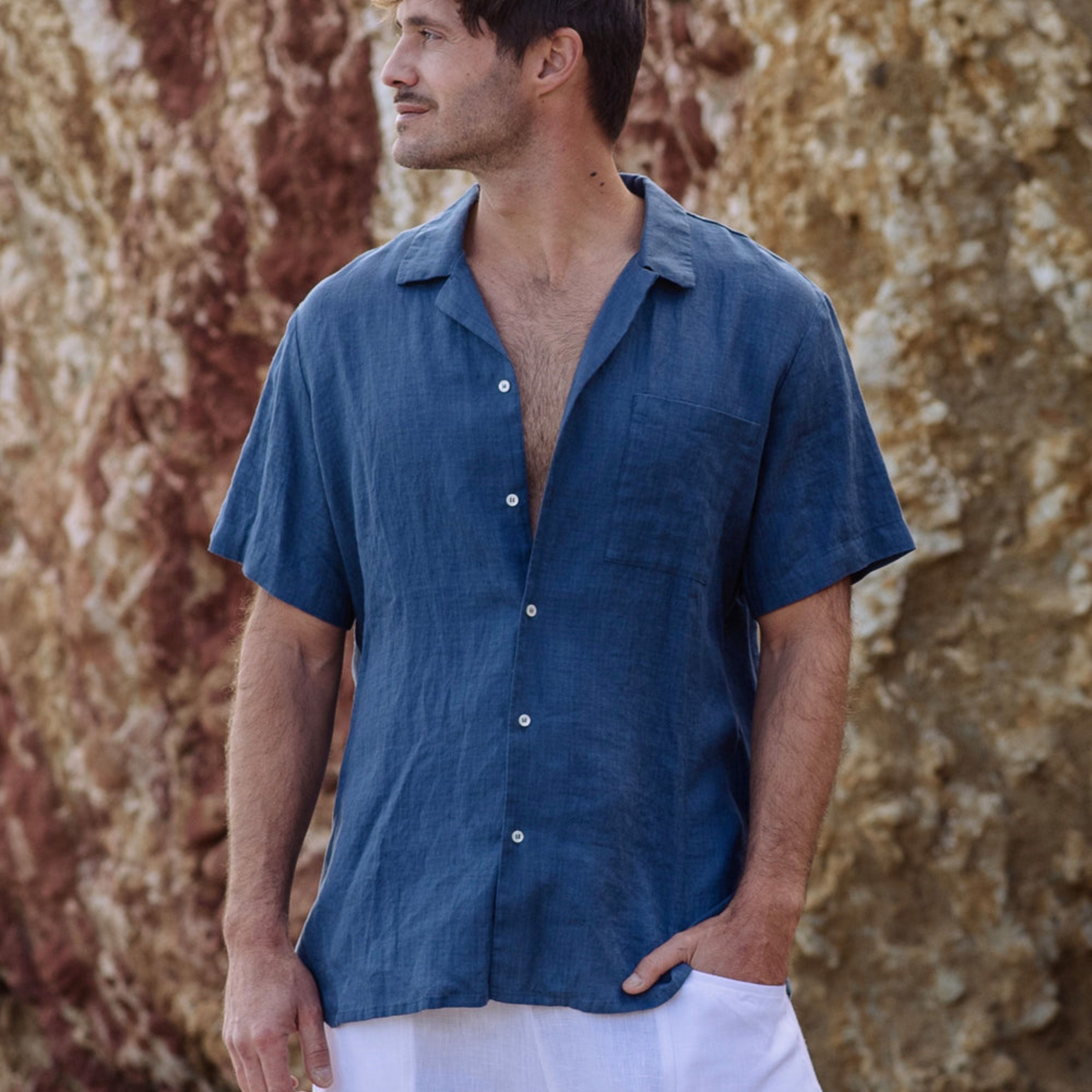 Deep Navy Linen Camp Collar Shirt - Linen Wear