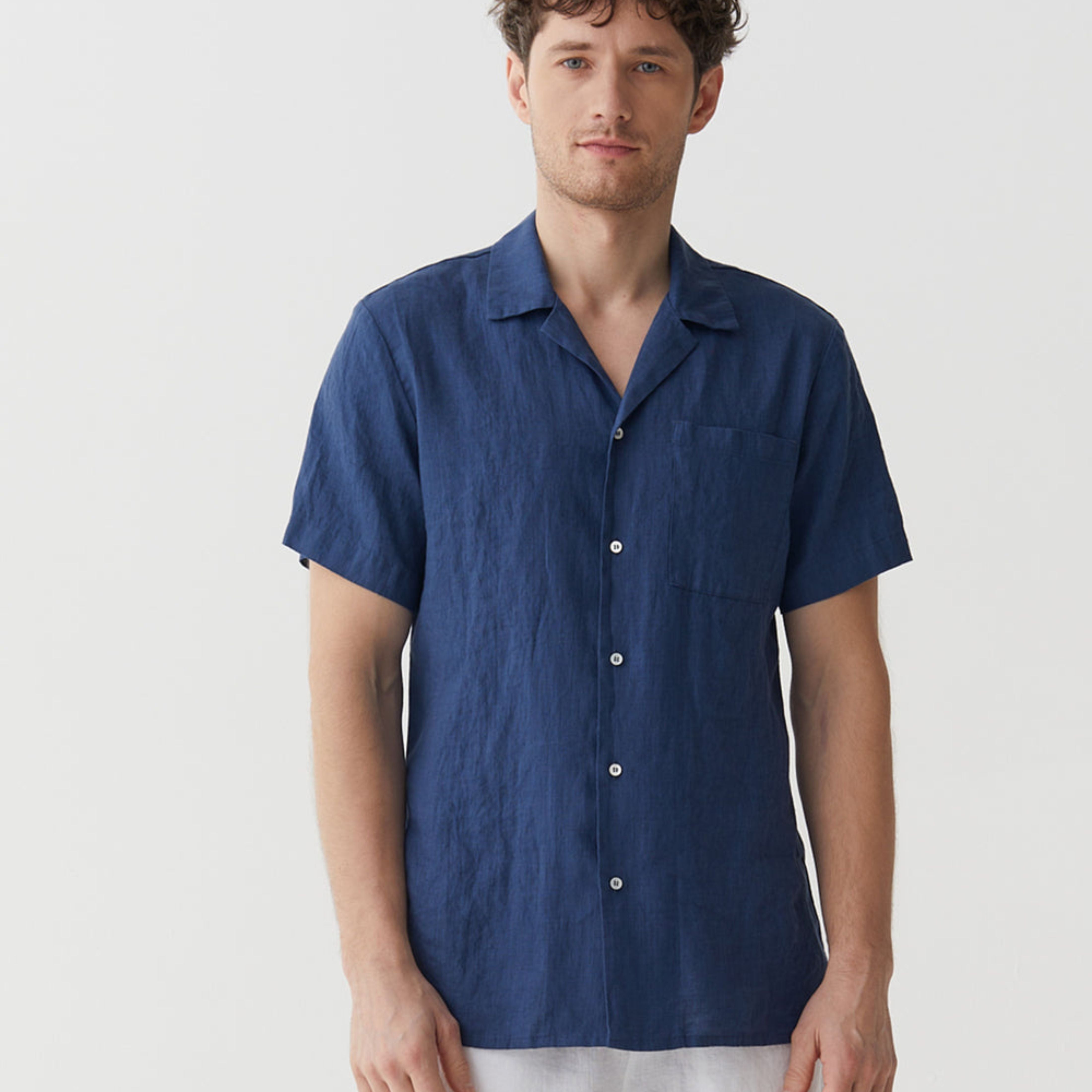 Deep Navy Linen Camp Collar Shirt - Linen Wear