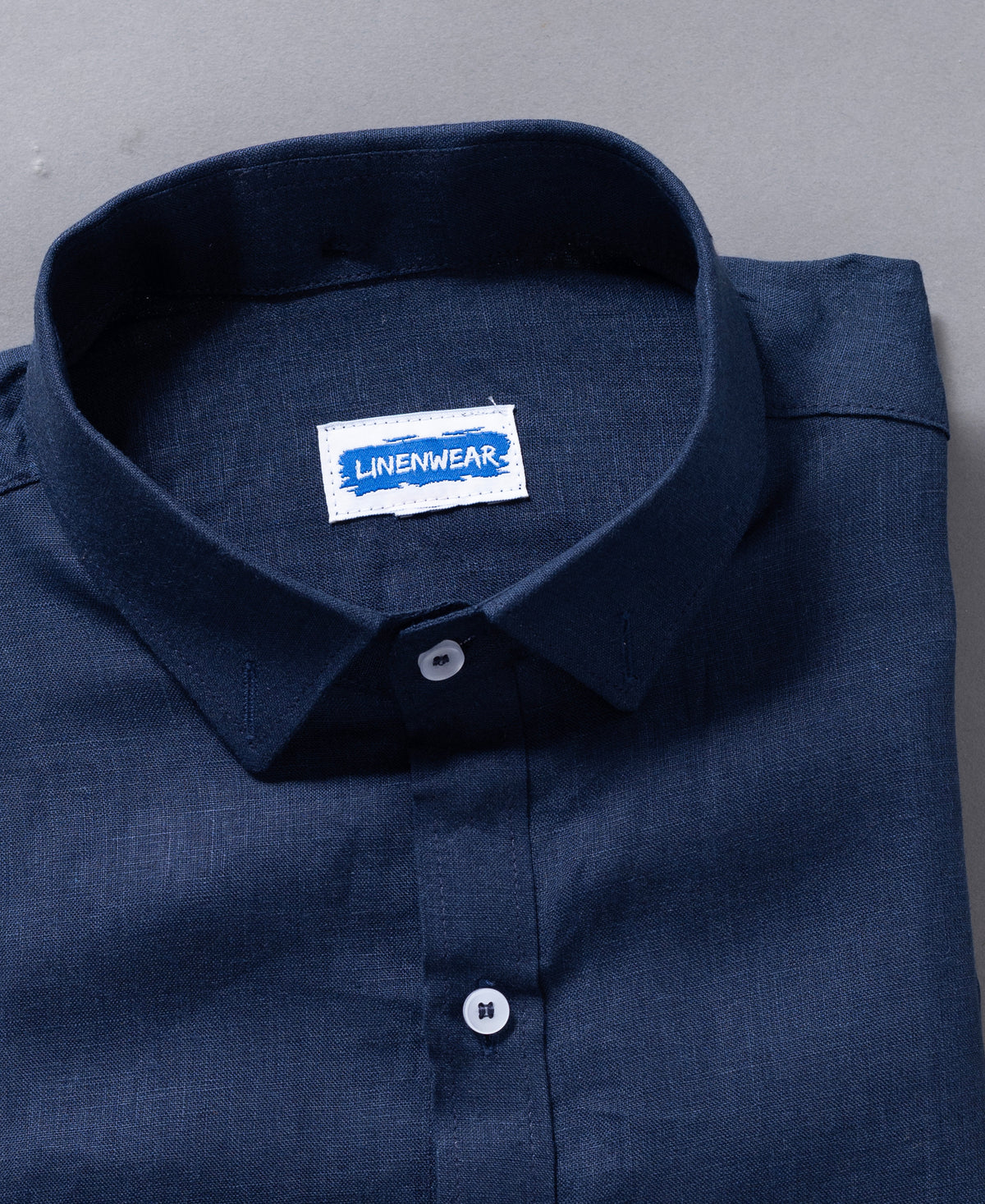Solid Navy Blue Pure Linen Long Sleeve Shirt