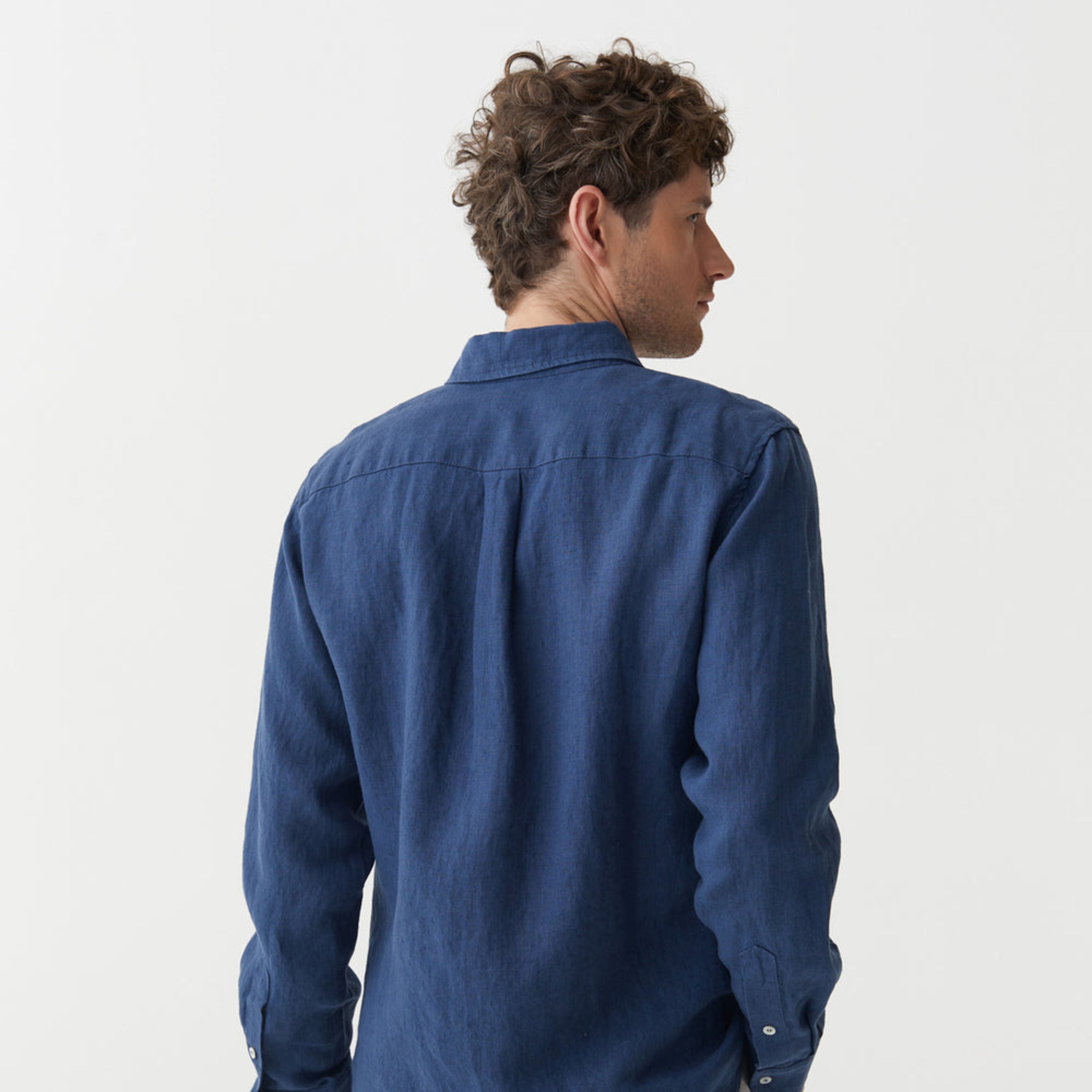Solid Navy Blue Pure Linen Long Sleeve Shirt
