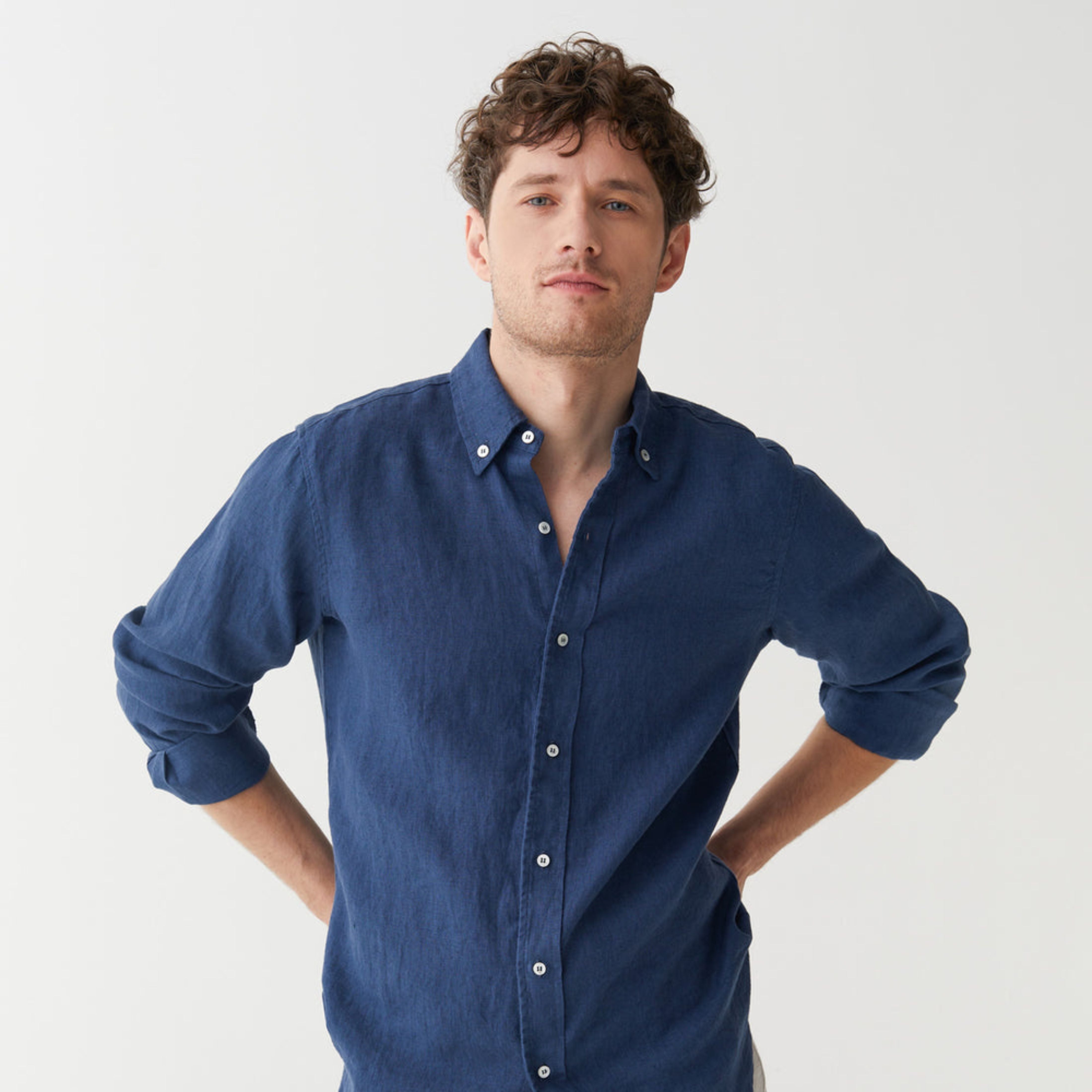 Solid Navy Blue Pure Linen Long Sleeve Shirt