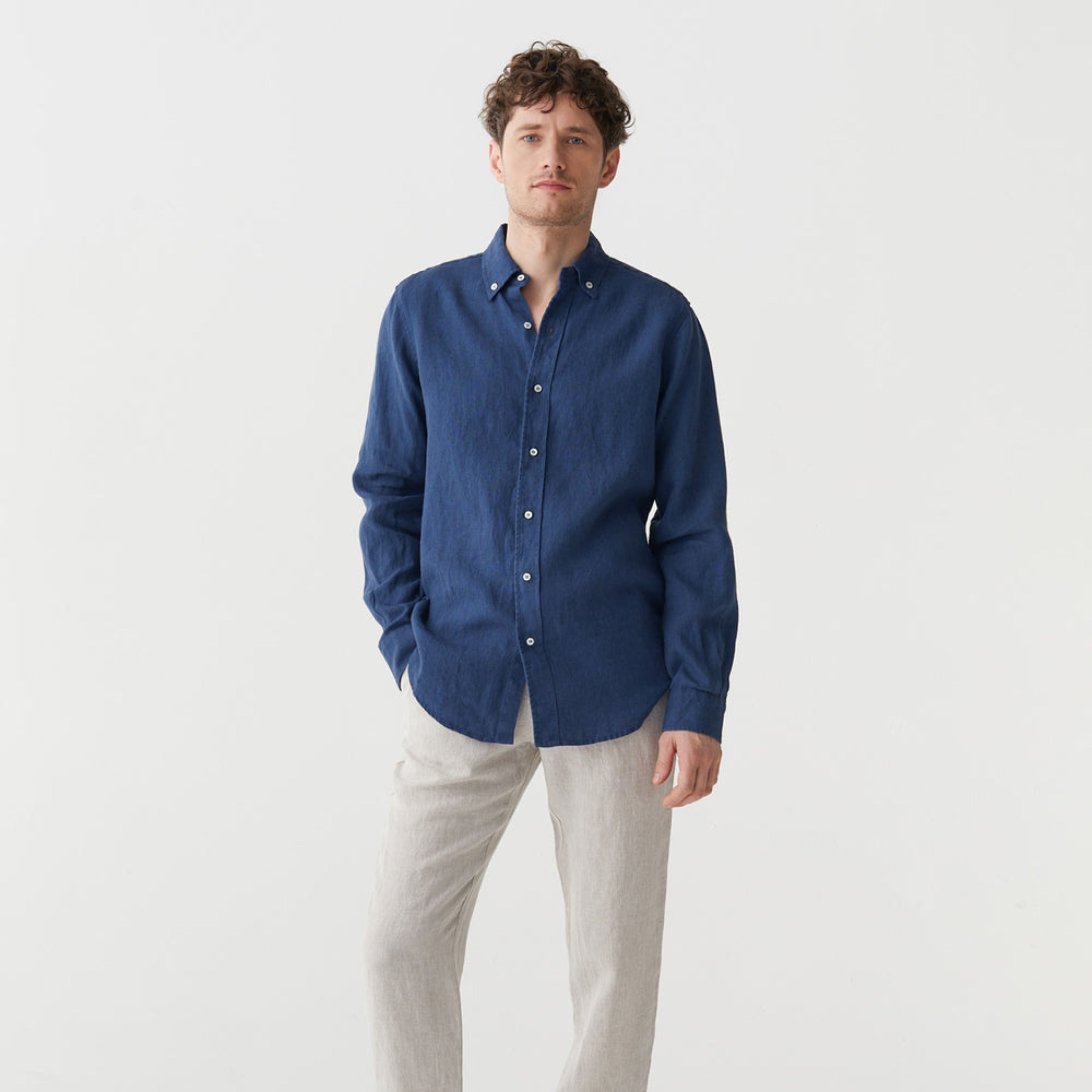 Solid Navy Blue Pure Linen Long Sleeve Shirt