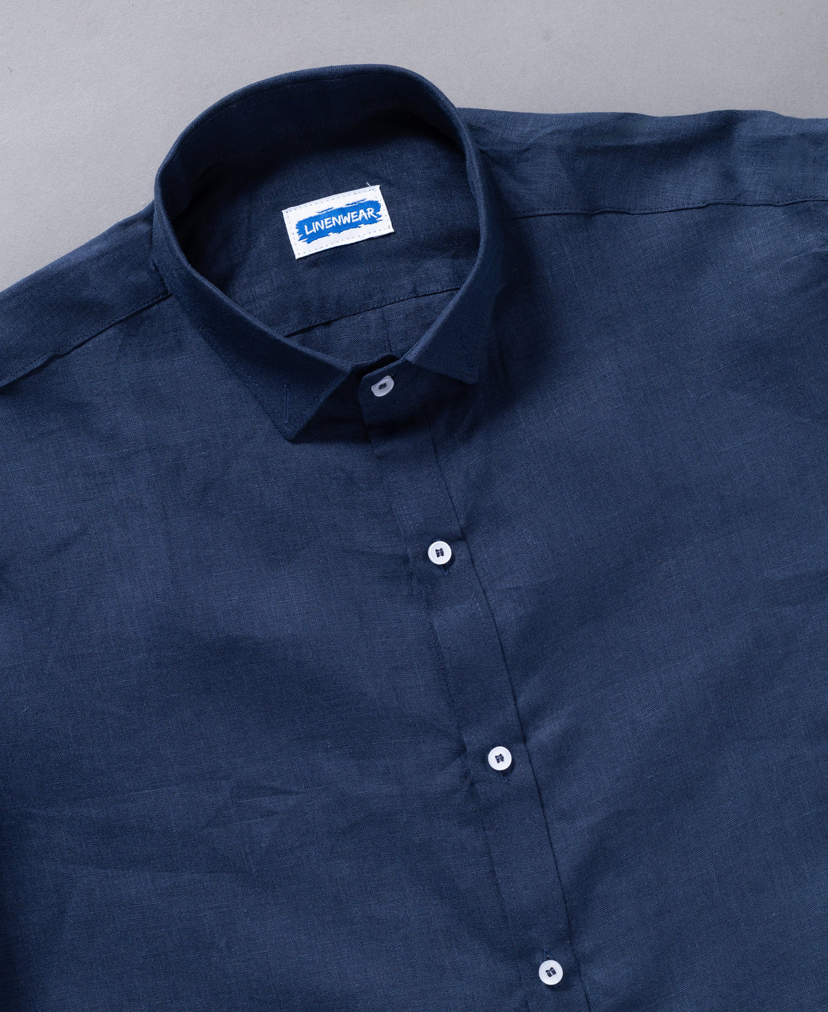 Solid Navy Blue Pure Linen Long Sleeve Shirt